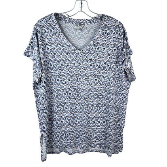 Orvis Womens Size LARGE V-Neck Short Sleeve Top Blue Diamond Casual Shirt - Picture 1 of 9